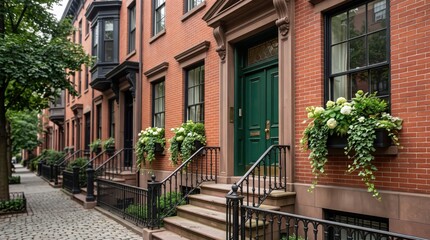 Naklejka premium Red brick townhouse doorway with green double doors and planters