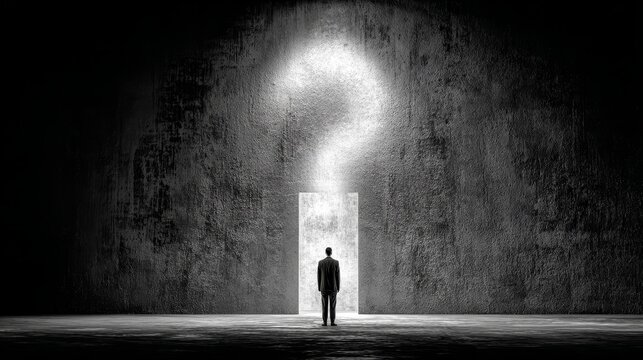 Silhouette of a person standing before a glowing question mark shaped doorway in dark wall representing mystery unknown future choices and discovery.