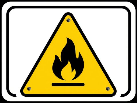 Yellow triangular warning sign with black flame symbol indicating flammable materials fire hazard and safety precaution.