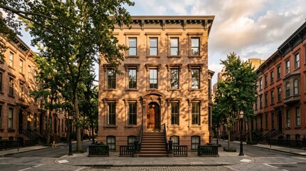 Obraz premium Corner brownstone townhouse with central stoop on tree lined streets