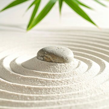 Zen stone resting on raked white sand in a peaceful garden setting