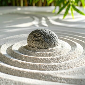 Single Stone Resting in Raked Sand Garden Creating a Peaceful Zen Atmosphere