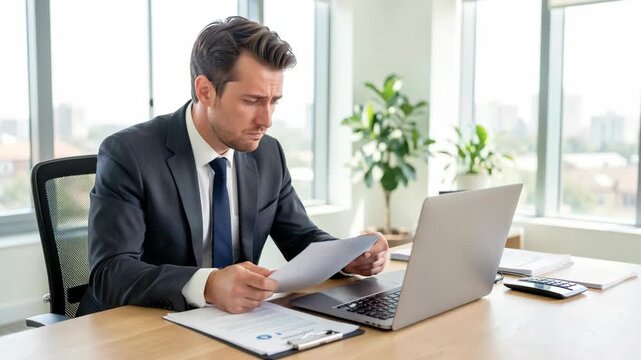 Man in suit reviews documents at office desk. Laptop sits beside papers, calculator nearby. Office windows let in bright natural light. Green plant adds life to professional setting