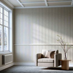 Fototapeta premium Beige vertical board and batten wall cozy armchair striped pillow side table large window natural light minimal decor peaceful mood