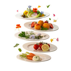 Obraz premium A collection of five plates displaying fresh ingredients and prepared dishes, with delicate flowers and leaves scattered around.
