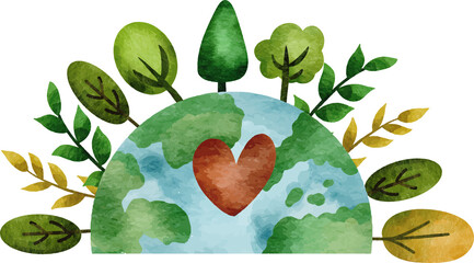 Watercolor earth with trees and heart symbol