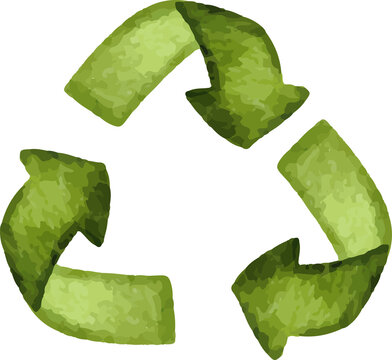 Green watercolor recycling symbol with transparent background