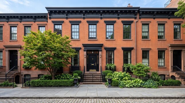 Brick townhouse row with black door and front garden