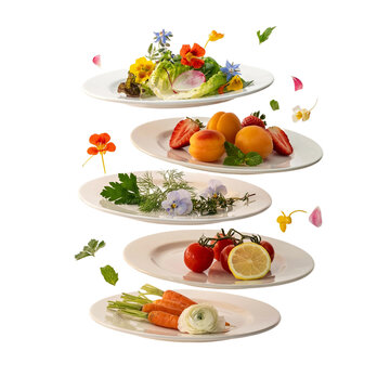 A collection of five plates displaying fresh ingredients and prepared dishes, with delicate flowers and leaves scattered around.
