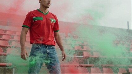 Fototapeta premium Man in red Moroccan jersey stands amidst swirling green and red smoke on stadium steps.