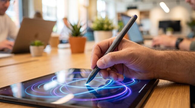 Designer drawing digital art on tablet screen with stylus pen