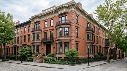 Obraz premium Large red brick mansion on corner street with bay windows