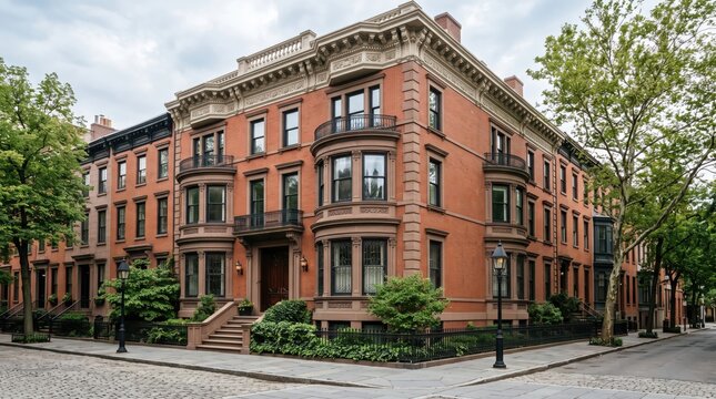 Large red brick mansion on corner street with bay windows
