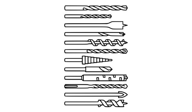 Various drill bits outline icon set for industrial construction tools and DIY drilling equipment vector