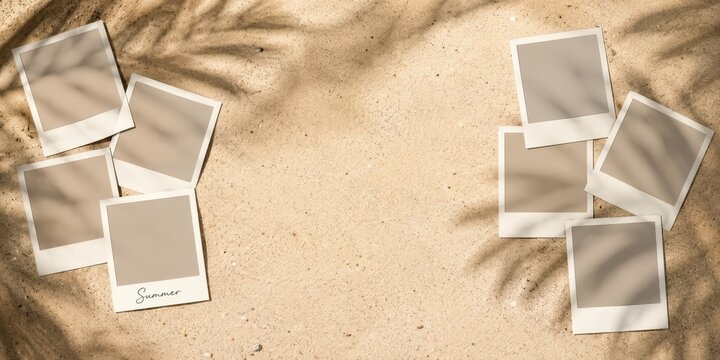 Blank Instant Photo Frames on Sandy Background with Palm Leaf Shadows.