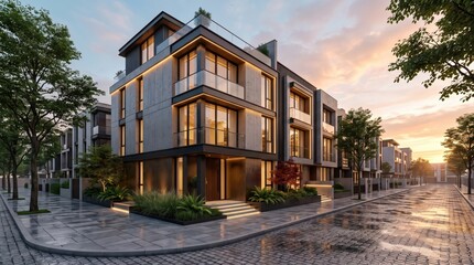 Obraz premium Modern multi story townhouse with balconies and sunset wet street
