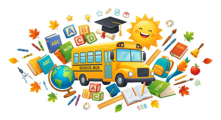 Fototapeta premium Back to school vector illustration with yellow school bus, colorful educational supplies, books and stationery icons on white background