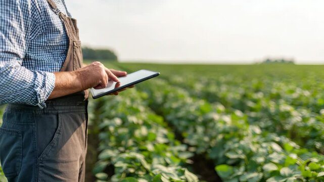 A farmer wearing overalls stands in a large farm field and holds a tablet computer.