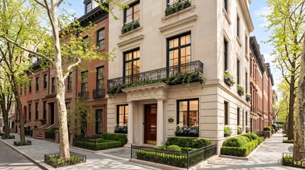 Naklejka premium Light stone townhouse corner entrance with balcony and garden hedges