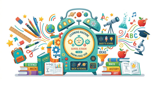 Educational learning machine vector illustration, school is back knowledge hub concept, creative back to school banner with stationery and books
