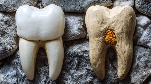 Comparison of a healthy white tooth and a decayed yellow tooth with caries on a natural grey stone background