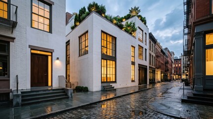 Fototapeta premium Modern white townhouse on wet cobblestone city alley with rooftop garden