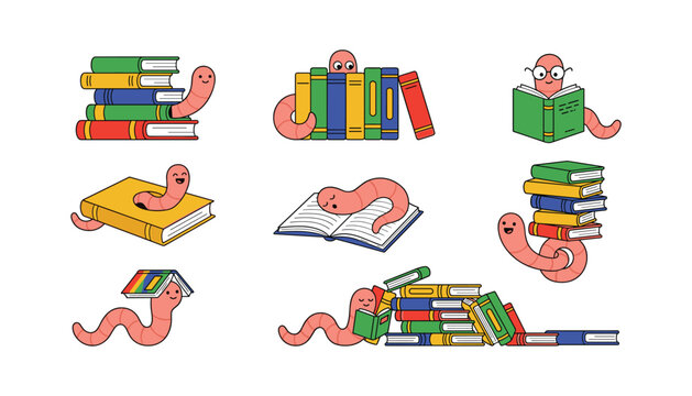 Cute cartoon bookworm character set with funny pink worms reading sleeping and crawling around books vector illustration isolated