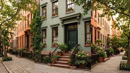 Naklejka premium Green brick townhouse entrance with plants and tree lined sidewalk