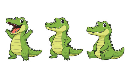 Fototapeta premium Three cartoon alligators in different poses, isolated on a white background.