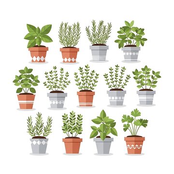 Collection of Potted Herbs for Culinary Use and Decoration