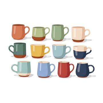 Set of Twelve Colorful Ceramic Mugs Arranged in Three Rows
