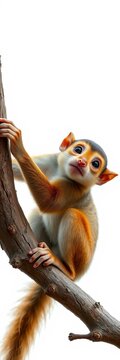 Curious squirrel monkey clings playfully to branch against bright white background, nature, curiosity