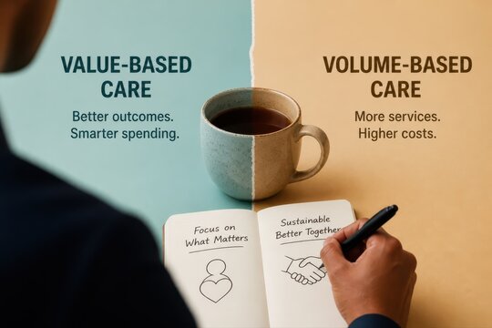 Value based care comparison with notebook and coffee mug concept