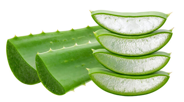 Fresh green aloe vera leaf sliced into pieces revealing clear gel-like interior on transparent background PNG