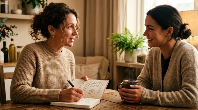 Two Women Conversating and Taking Notes Over Coffee