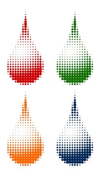 Set of halftone dotted drops. Vector graphic elements in the shape of water or blood teardrops in red, green, orange and blue colors