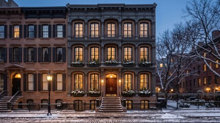 Fototapeta premium Narrow black row house with snow and lit windows