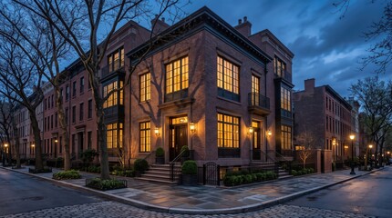 Obraz premium Corner brick townhouse with large lit windows on wet street