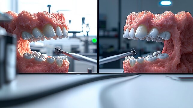3D digital render of a human jaw model with a dental drill for virtual planning and simulation of restorative procedures