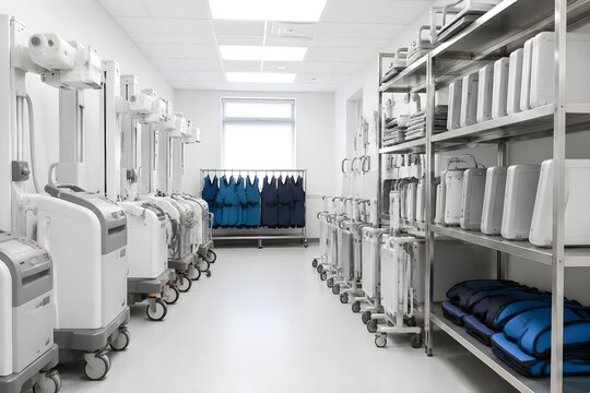 Imaging Equipment Storage Room With Mobile Scanners and Detector Stands Supports Efficient Clinical Operations Daily