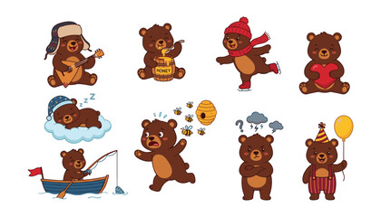 Cute cartoon grizzly bear character collection with funny brown bears eating honey skating fishing and showing various emotions vector illustration isolated