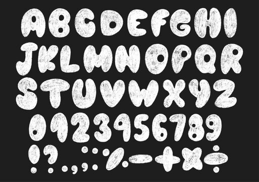 Naive kids chalk alphabet vector illustration set featuring hand drawn white chalkboard bubble letters, numbers and math symbols, cute school crayon font collection on dark black background