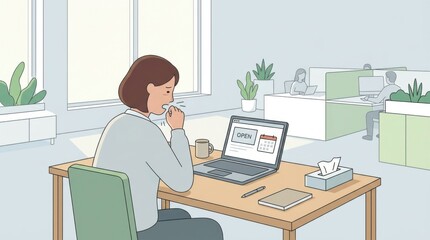Fototapeta premium Woman Coughing At Desk In Office With Open Sign On Laptop