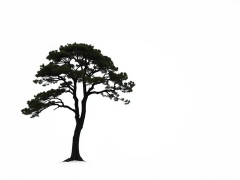 A majestic evergreen tree stands alone against a brilliant white background, its dark silhouette starkly contrasting with the light, Majestic, Isolated