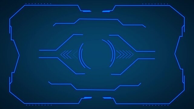 Abstract digital interface overlay with glowing blue light lines and futuristic circular geometric patterns animation for high tech broadcast graphic design and data HUD screen.