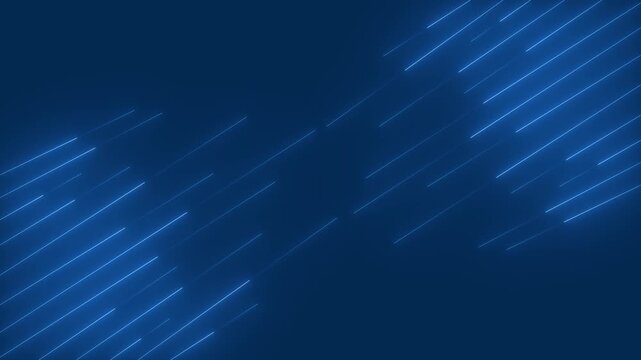 Blue neon motion graphic background featuring glowing diagonal lines moving across dark space creating dynamic digital atmosphere for high tech presentations and technology.