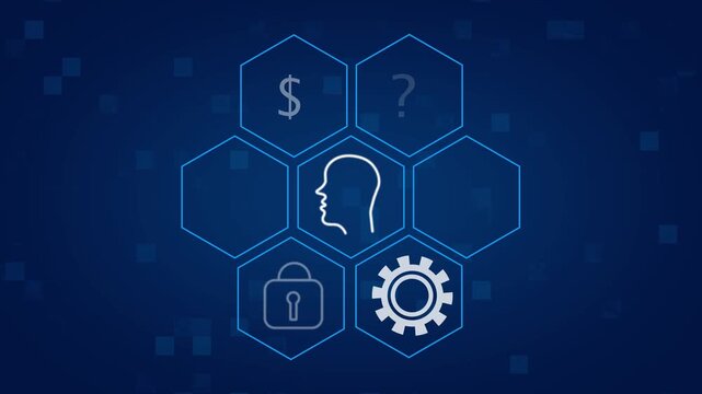 Fintech digital ecosystem with animated icons including bitcoin currency and human profile plus finance symbols in futuristic hexagon network graphic against blue background.