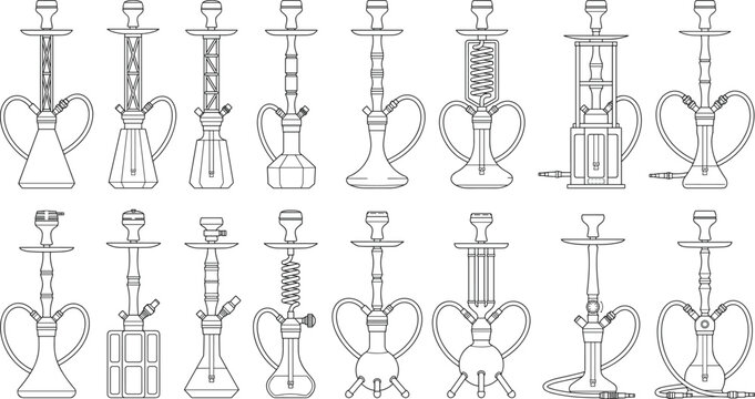 Modern Hookah Water Pipe Outline Collection with Premium Shisha Designs Line Art Vector Illustration Set