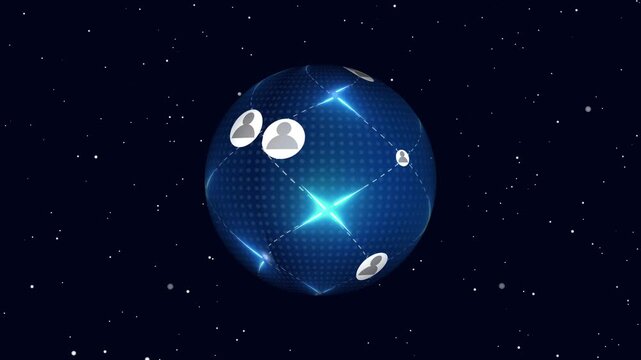 Global network connectivity visualizes users forming connections across spinning digital sphere in deep space, depicting international communication and social interaction through technology.