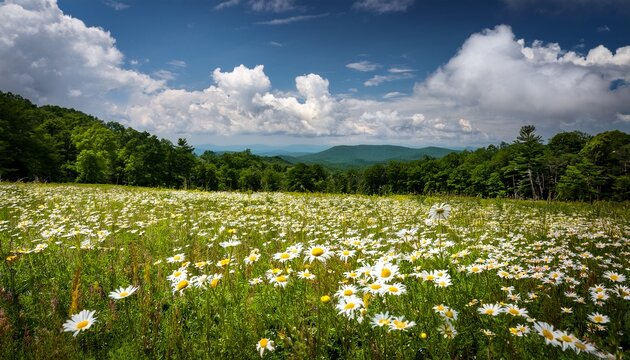White And Yellow Daisies In The Foreground In A Green Field With A Partially Cloudy Sky Nantahala National Forest North Carolina Usa